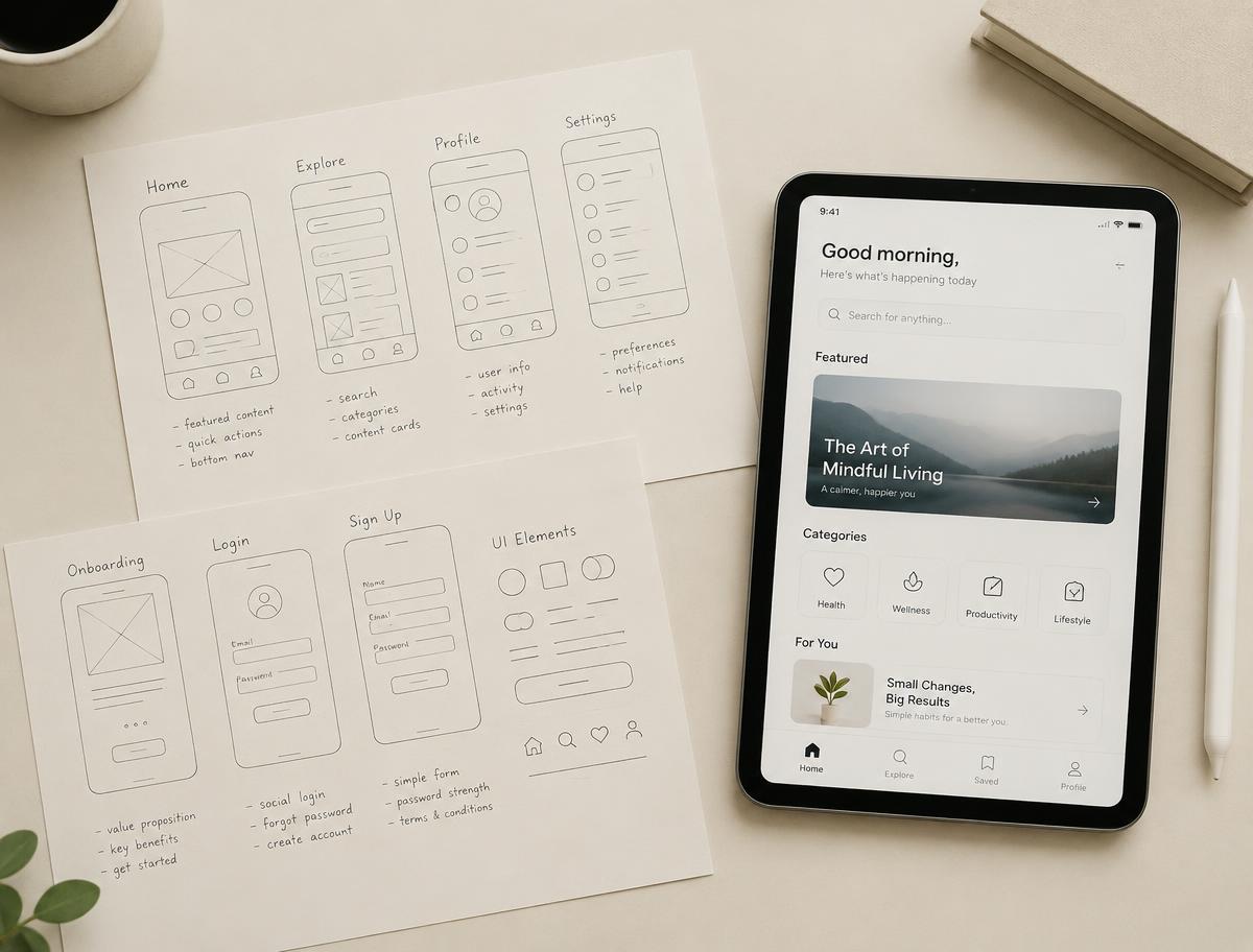 Paper wireframe sketches next to a tablet showing an app interface