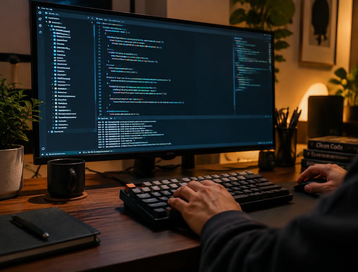 Developer workstation with code on screen, keyboard, notebook and a coffee mug