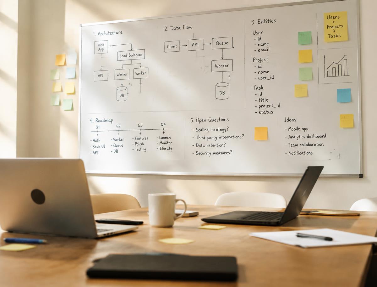 Collaborative meeting space with a whiteboard of architecture sketches and sticky notes
